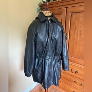 Vintage Wilson’s black Leather winter coat cinch waist with hood